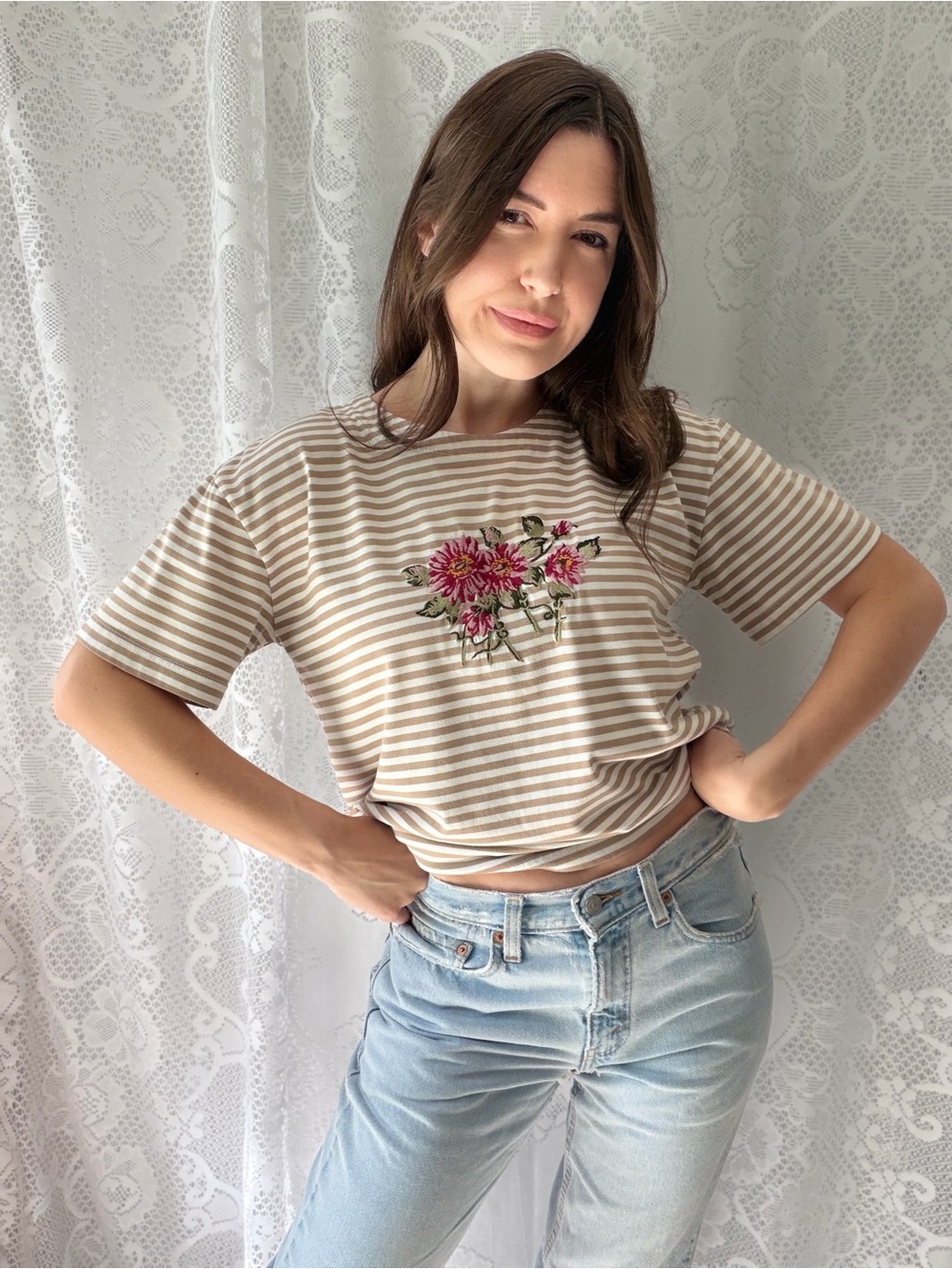 Vintage 90s Shenanigans Striped Floral Embroidered Tee Beige Pink Medium